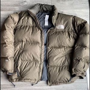 brown north face puffer jacket